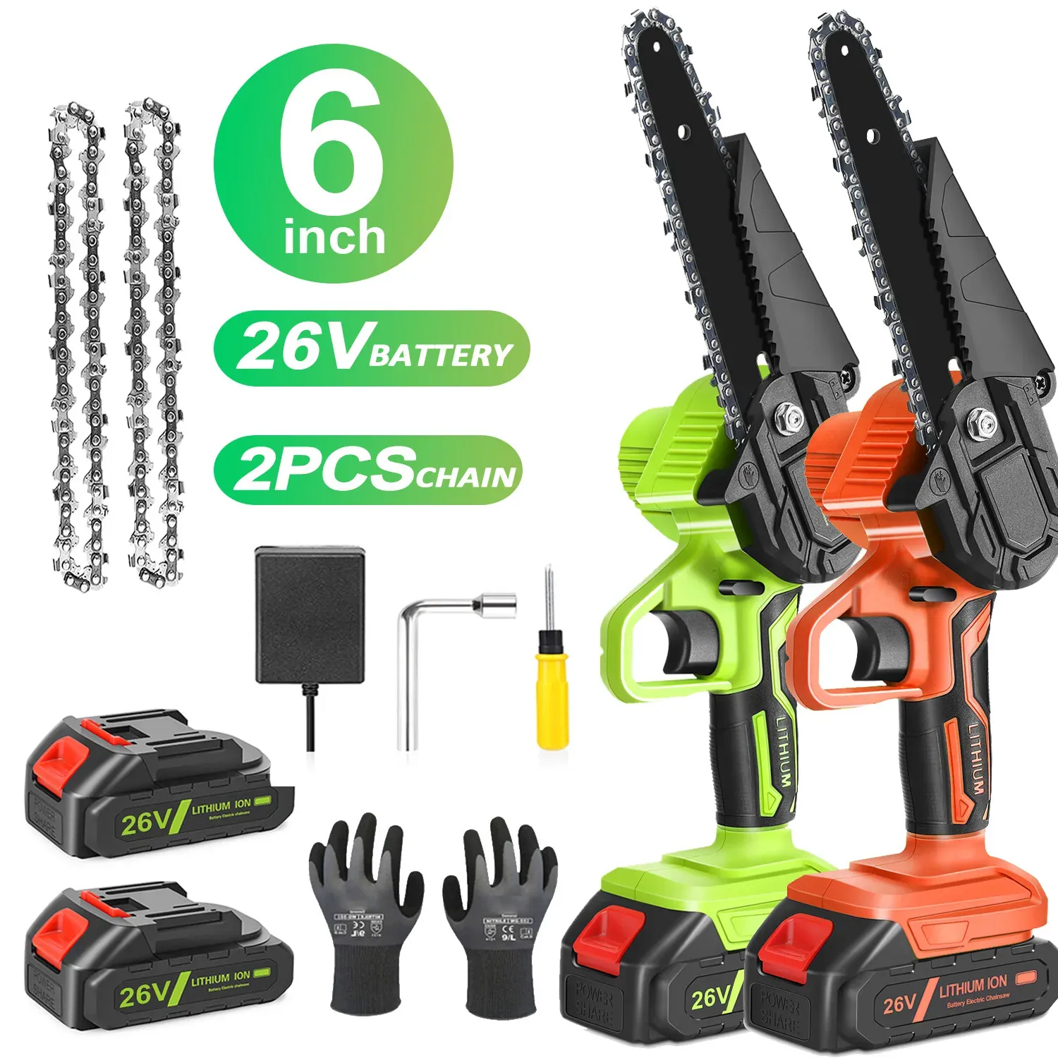 6" Mini Cordless Electric Chainsaw in Black and Orange with 2 Batteries view 4