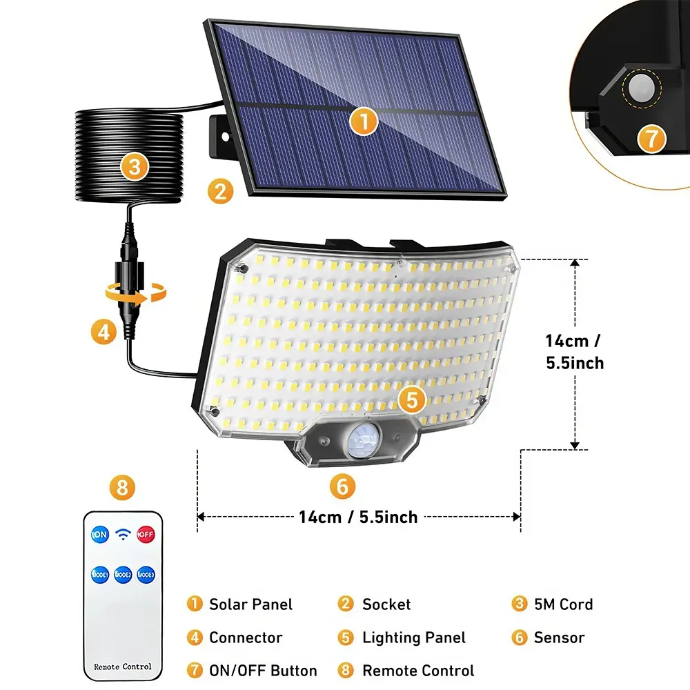 238LED Solar Powered Motion Sensor Outdoor Security Flood Light - Black view 9