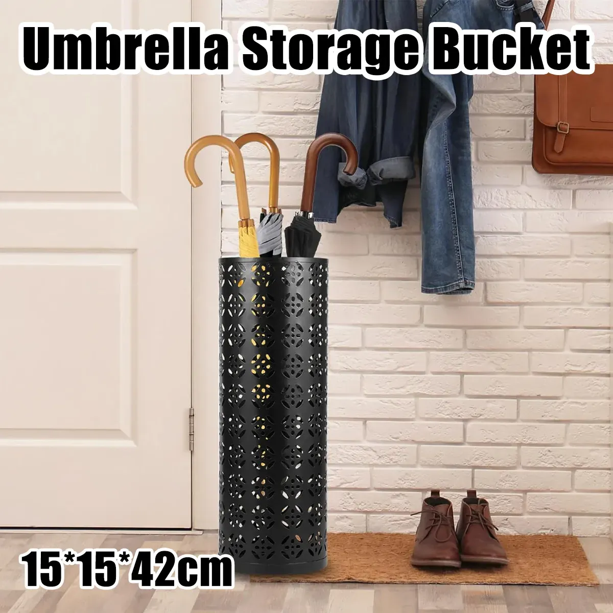 Multifunctional Black Metal Flower Storage Bucket Umbrella Holder Rack 1060x410mm view 3