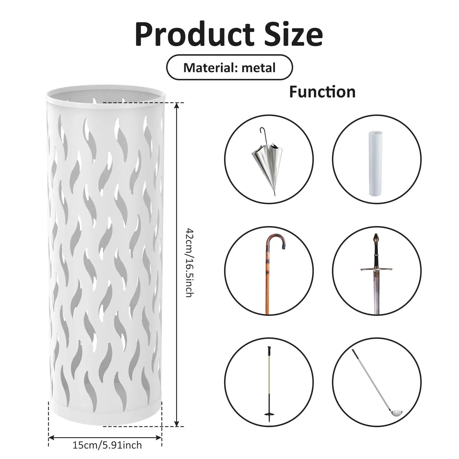 Metal Umbrella Stand in White, 15x15x42cm, Holds 4-6 Long Umbrellas view 10