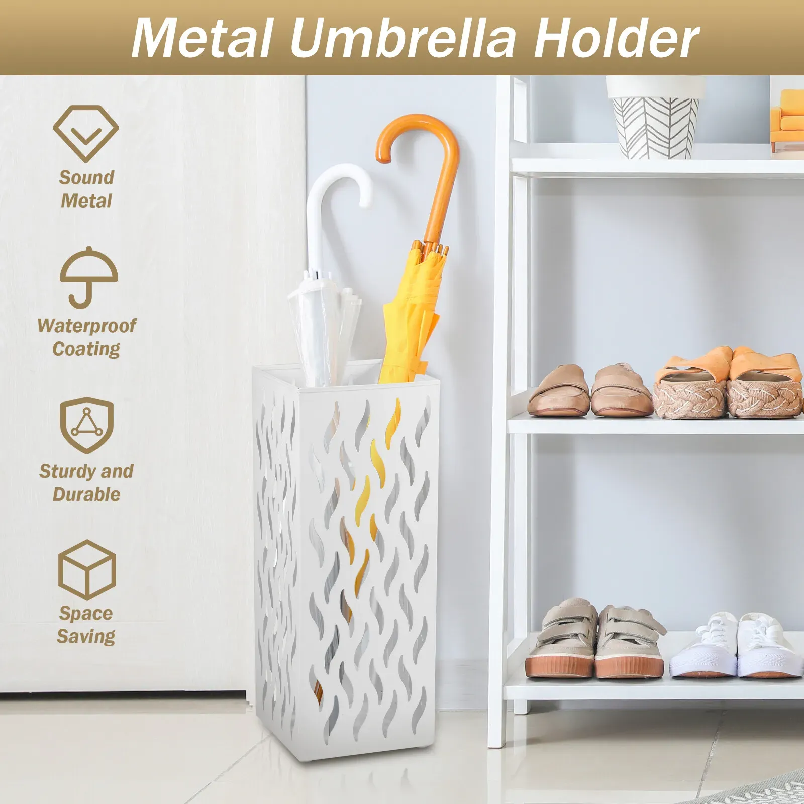 Metal Umbrella Stand Rack in White - Rectangular Design view 5