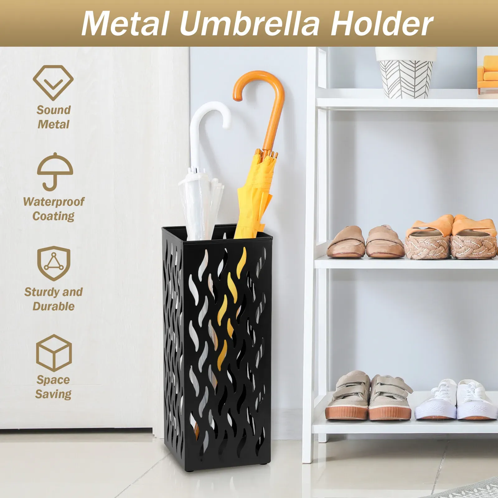 Metal Umbrella Stand Rack in White - Rectangular Design view 9