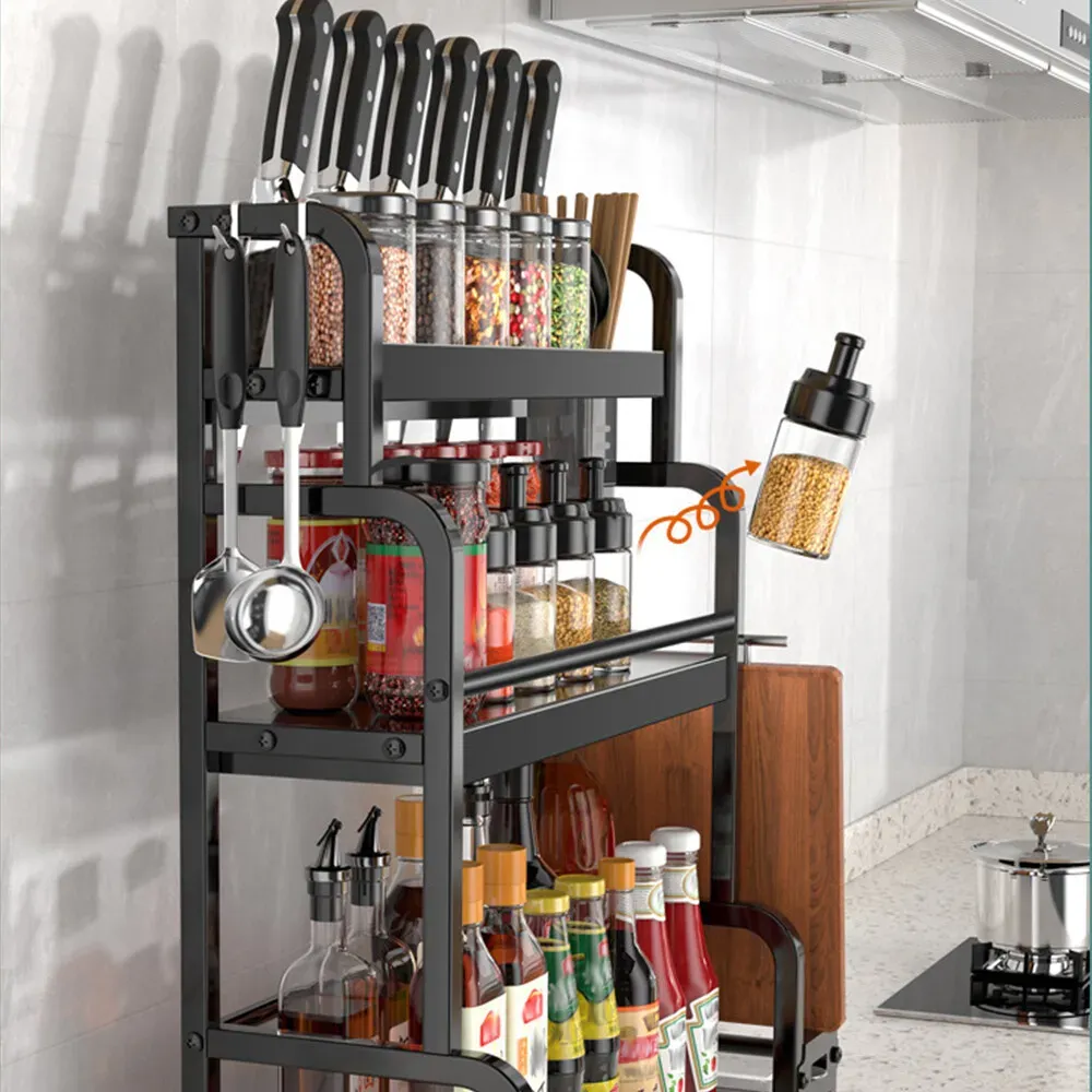 3-Tier Black Stainless Steel Kitchen Spice Rack Organiser with Adjustable Storage view 8