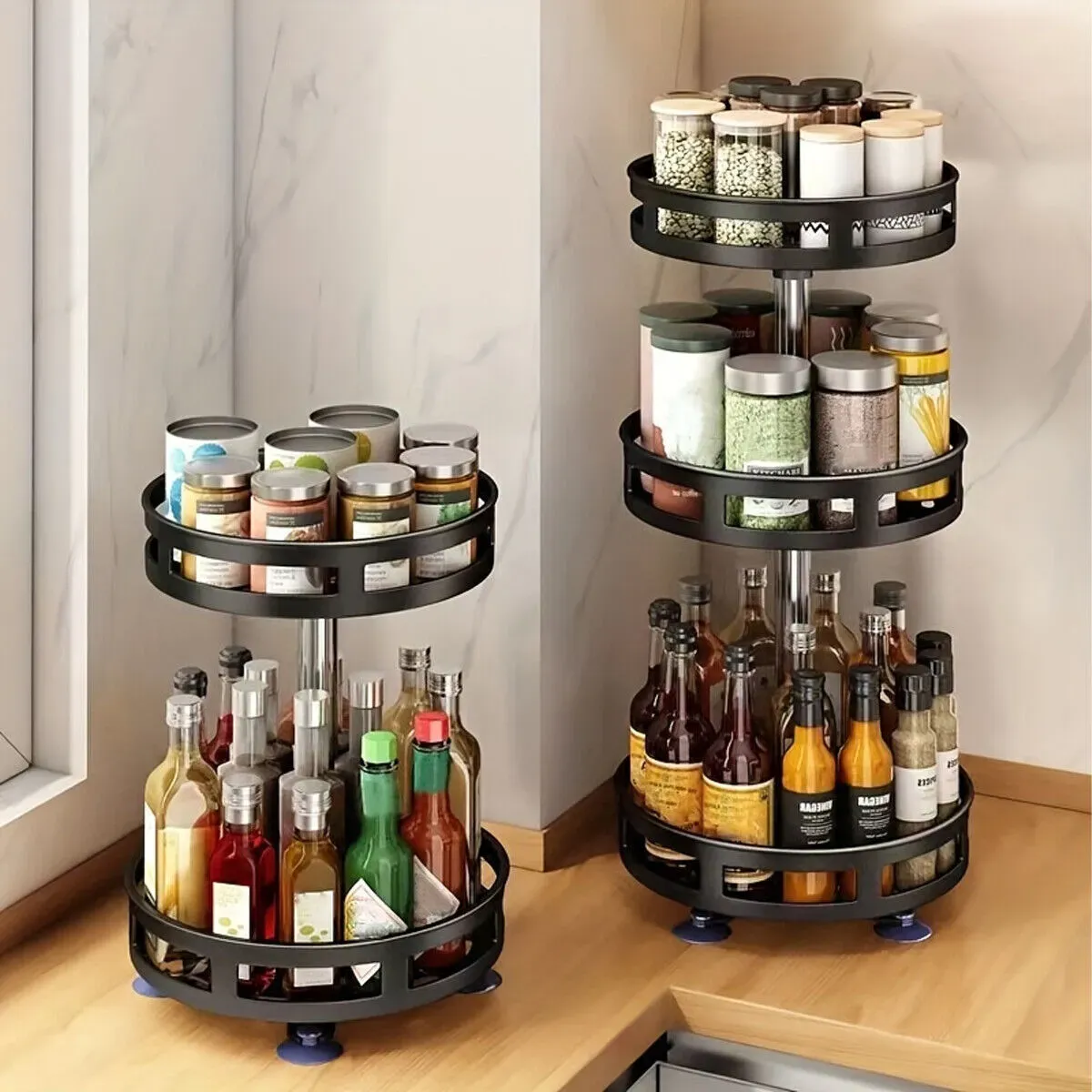 Black Kitchen Rotating Spice Rack - Double Layer Carbon Steel Organizer view 3