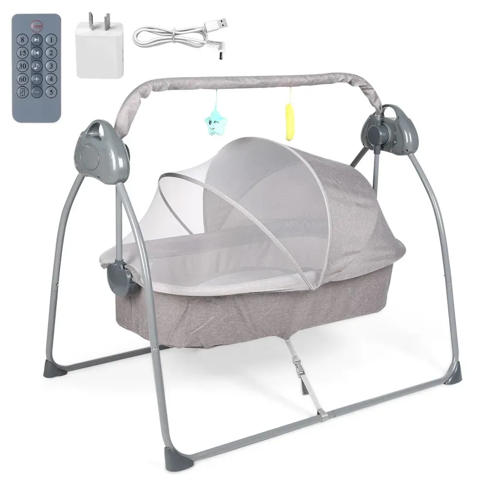 Electric Bassinet Crib Grey Baby Cradle with Lullabies and Remote Control view 2