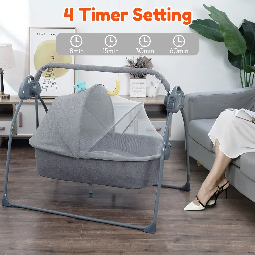 Electric Bassinet Crib Grey Baby Cradle with Lullabies and Remote Control view 7
