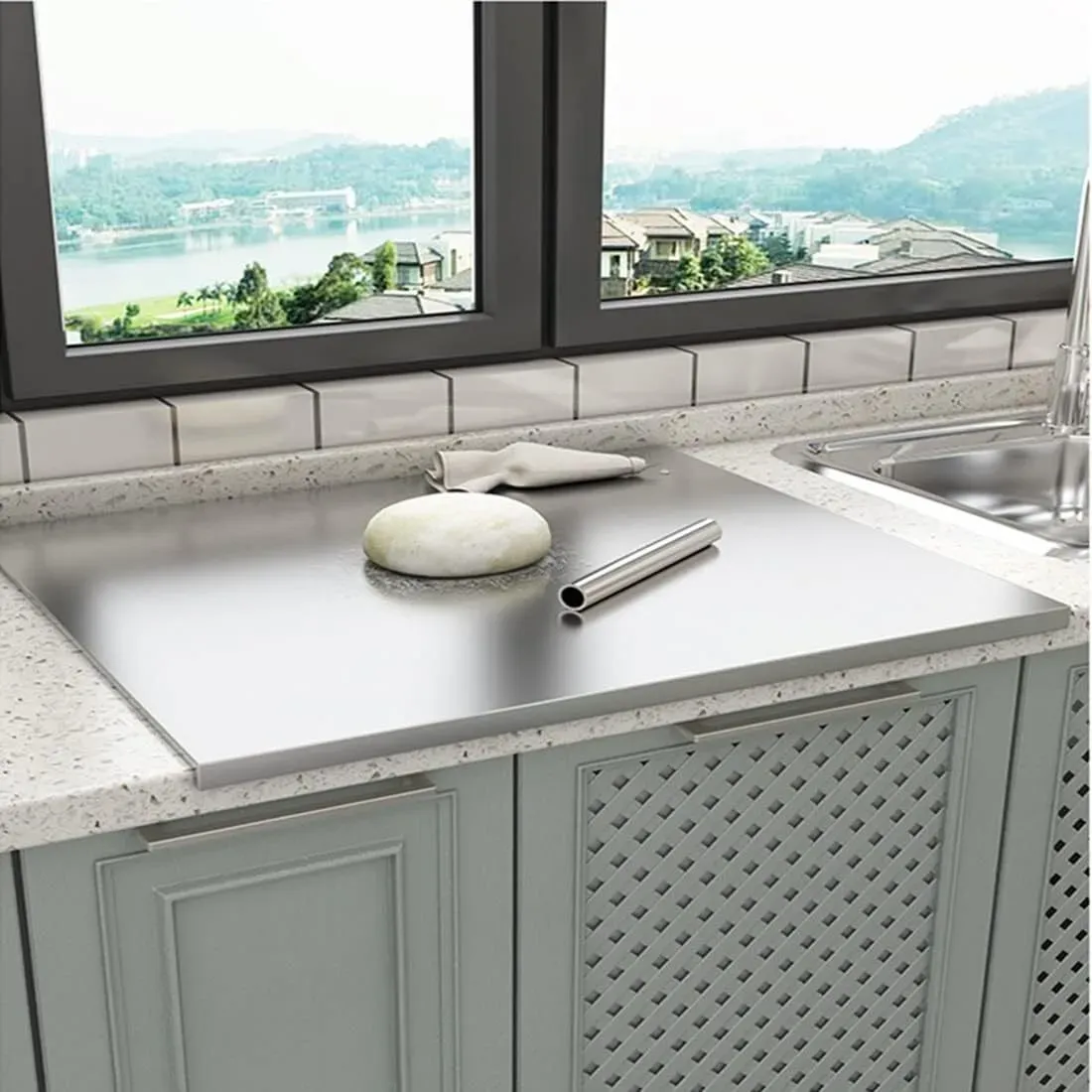Silver Stainless Steel Chopping Board 80x50cm - Non-Slip Pastry Worktop Protector view 3