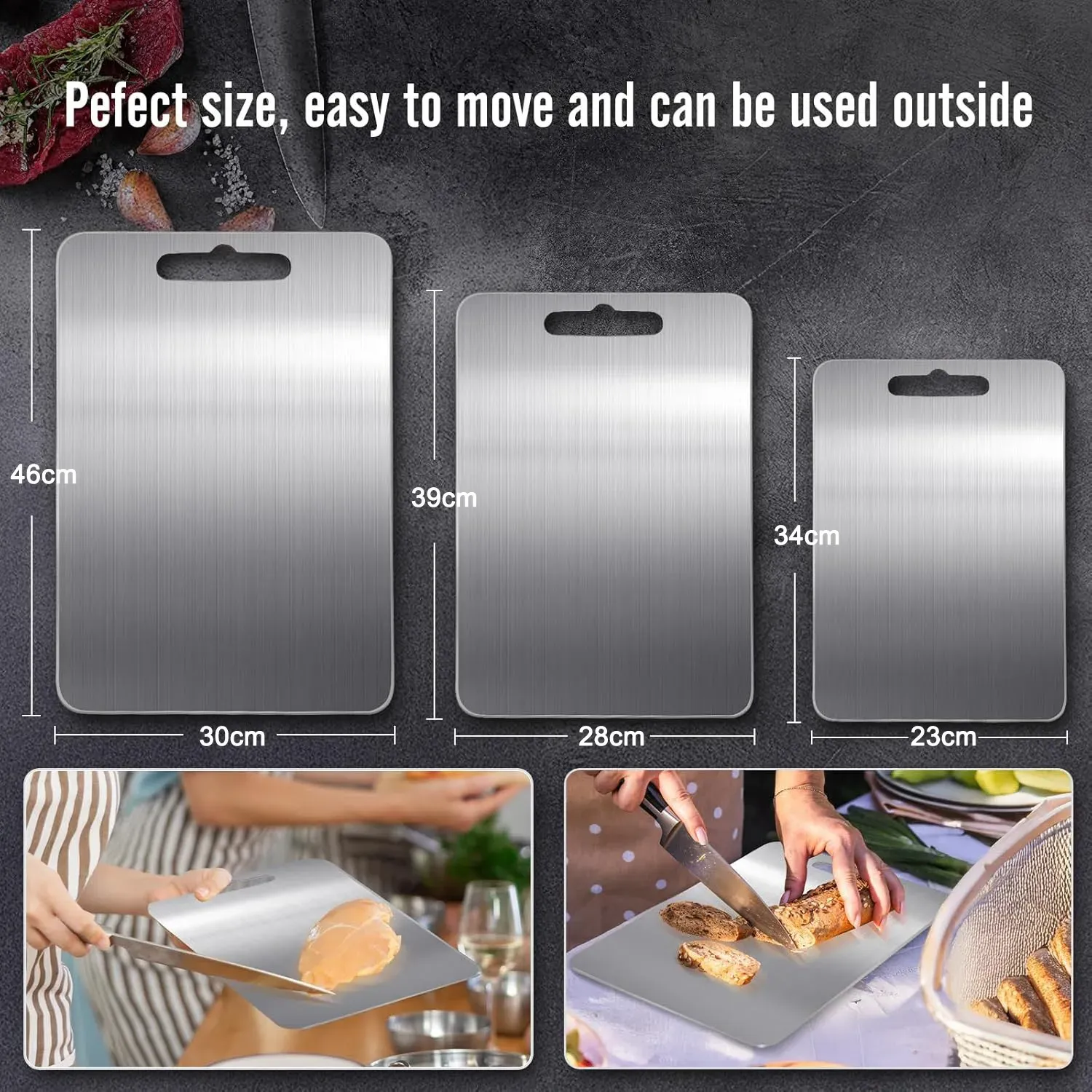 Double-Sided Titanium Cutting Board in Silver, 39x28cm for Kitchen and Camping view 5