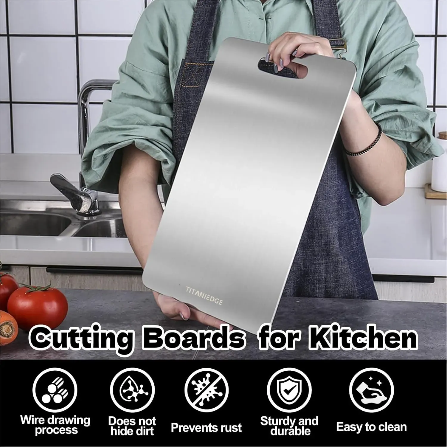Double-Sided Titanium Cutting Board in Silver, 39x28cm for Kitchen and Camping view 6