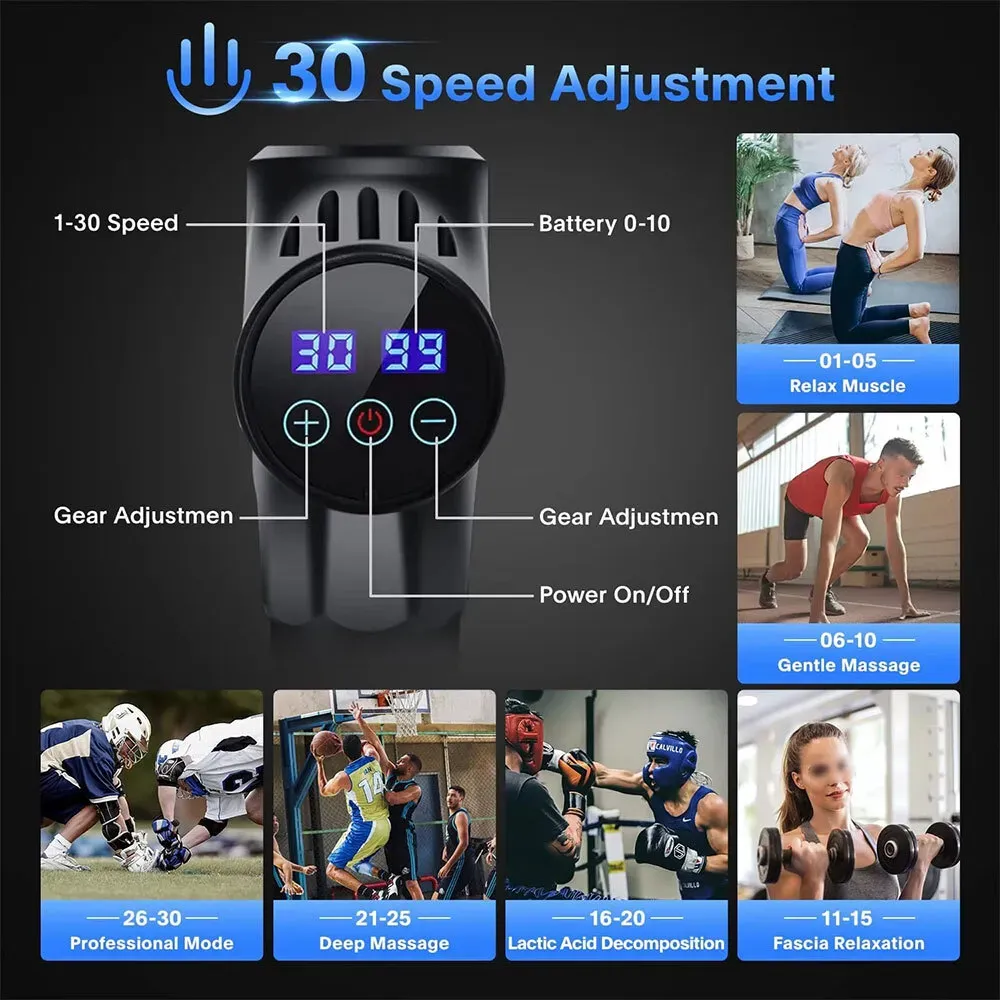Deep Tissue Massage Gun Black with 10 Interchangeable Heads and 30 Adjustable view 2