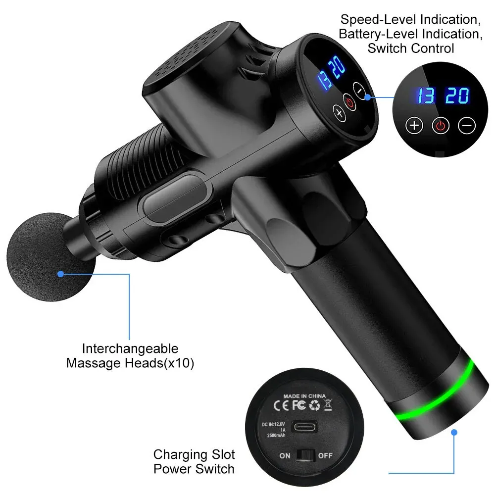 Deep Tissue Massage Gun Black with 10 Interchangeable Heads and 30 Adjustable view 10