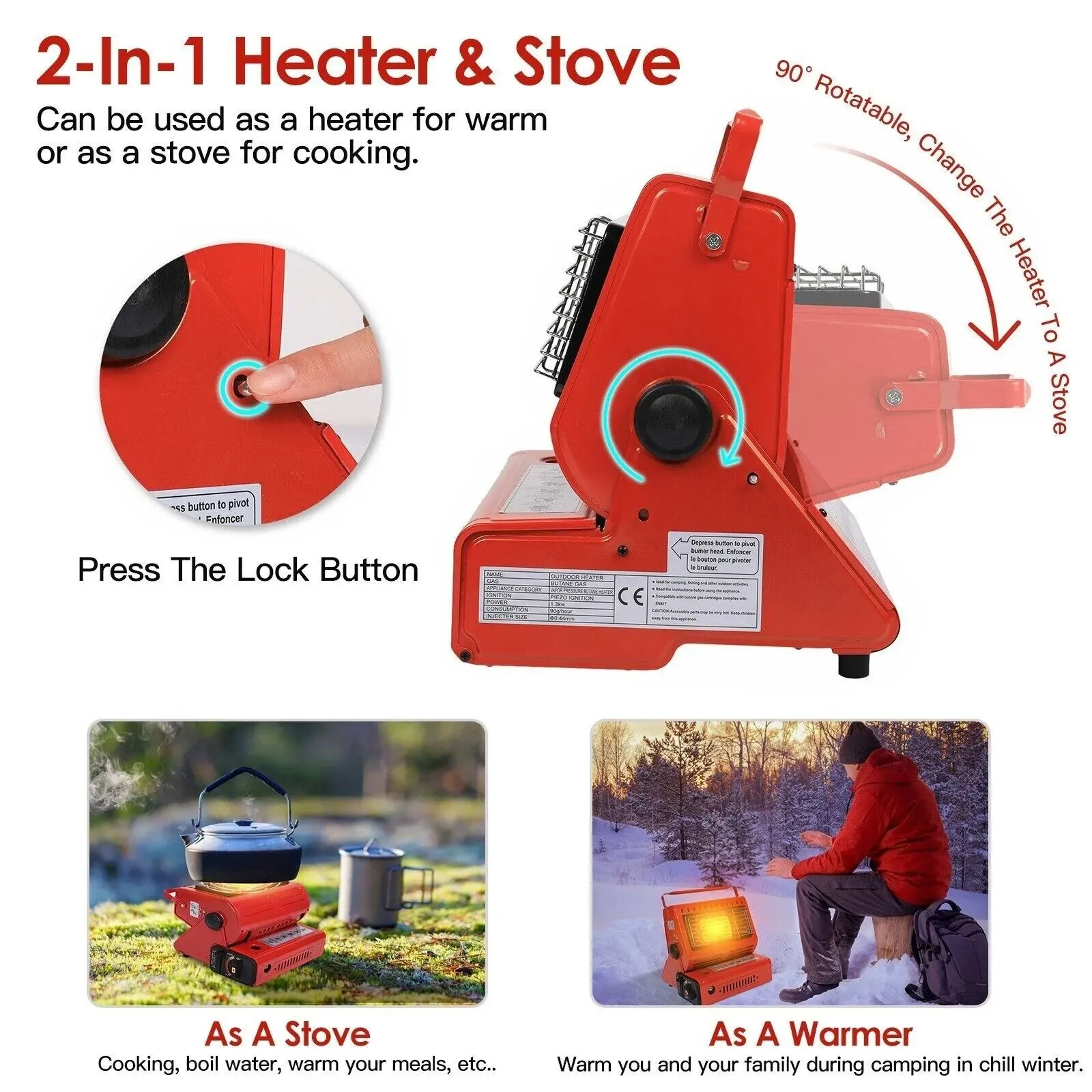 Portable Butane Gas Heater in Black for Camping, Hiking, and Outdoor Use - Red view 8