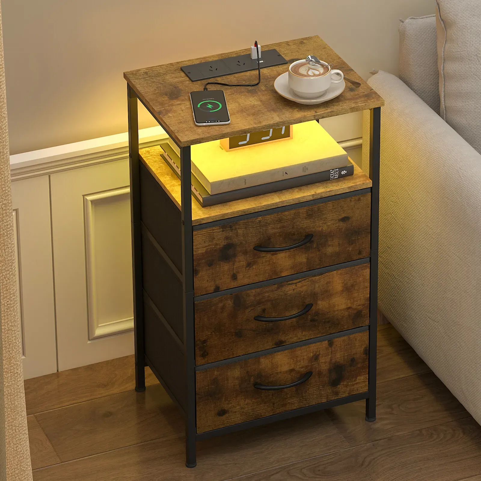Nightstand with RGB LED Light and Charging Station, Brown, 40x30x70cm view 3