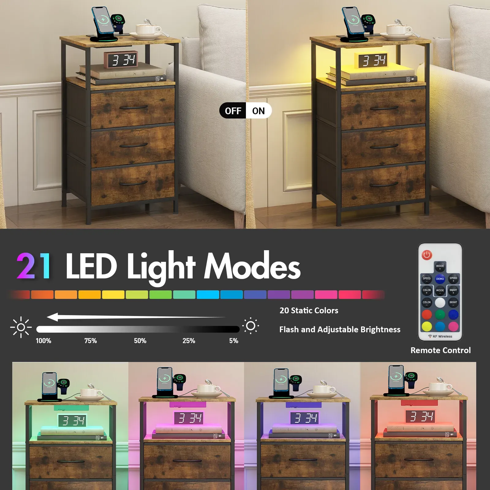 Nightstand with RGB LED Light and Charging Station, Brown, 40x30x70cm view 5