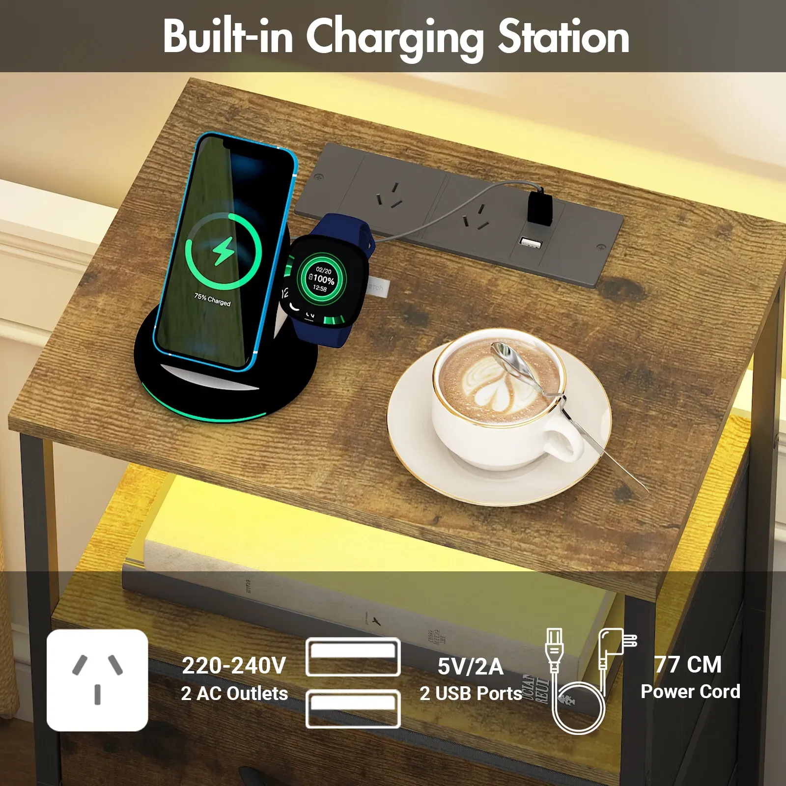 Nightstand with RGB LED Light and Charging Station, Brown, 40x30x70cm view 8