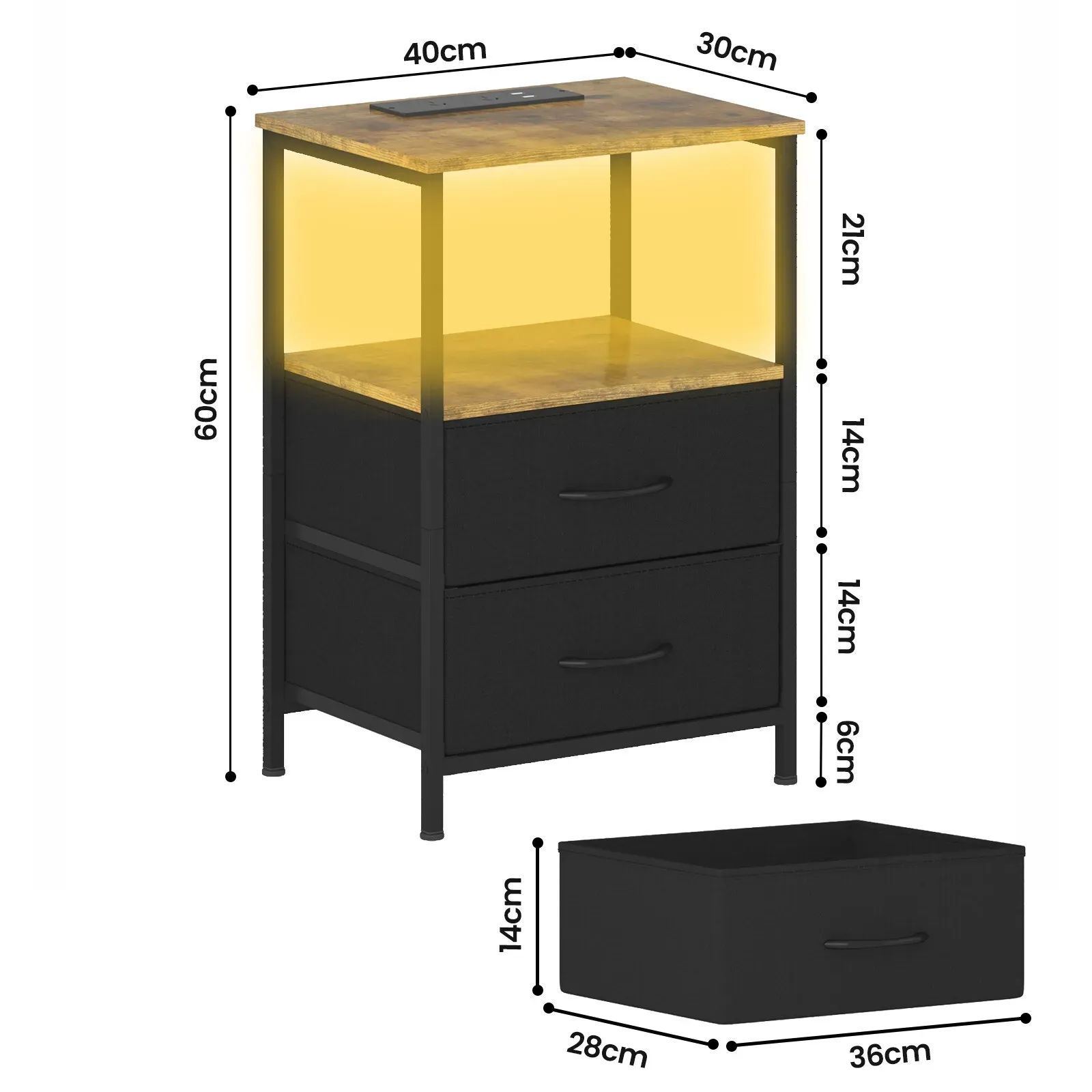Black and Brown Nightstand with LED Light, Charging Station, and Storage - 60x40cm view 5