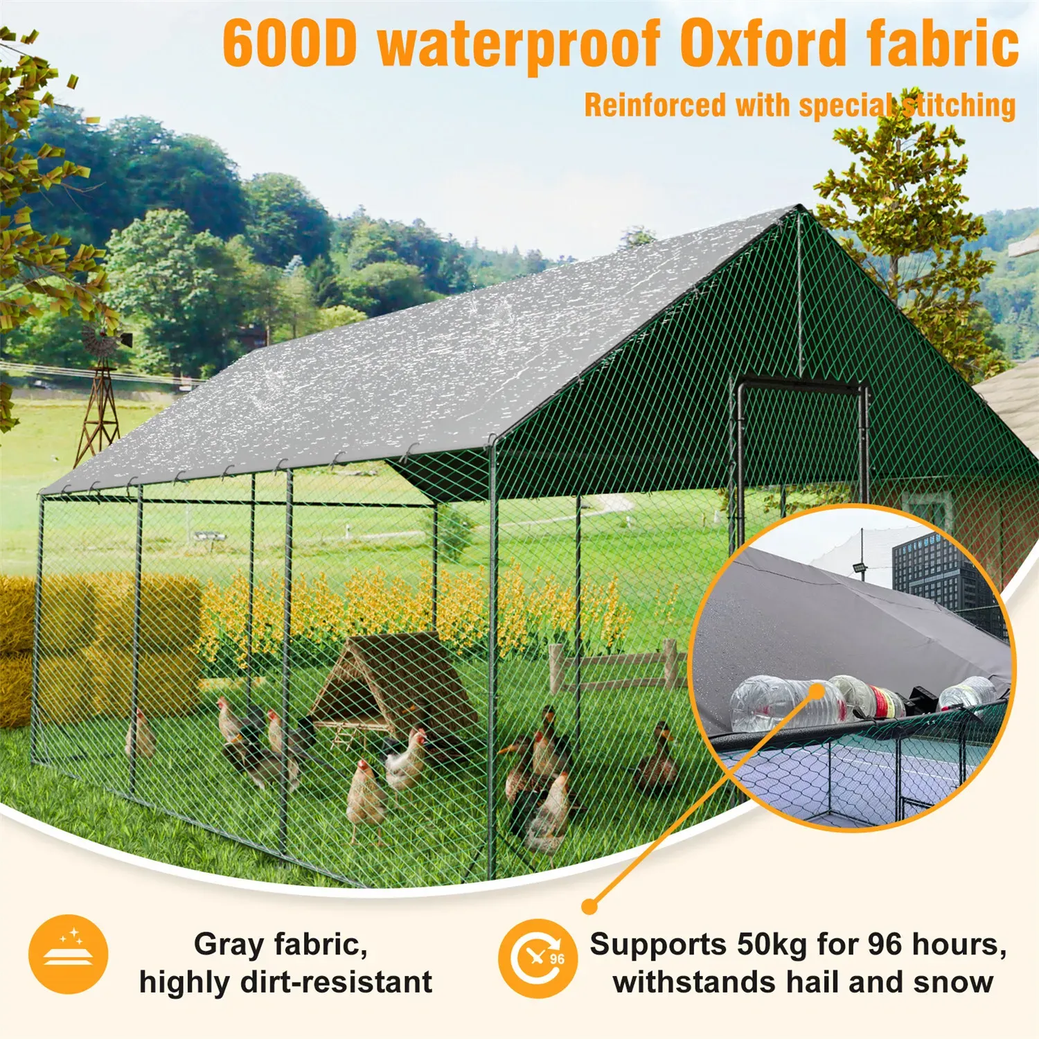 Heavy Duty Large Black Metal Walk-In Chicken Run Coop with Cover, 276x207x300cm view 5