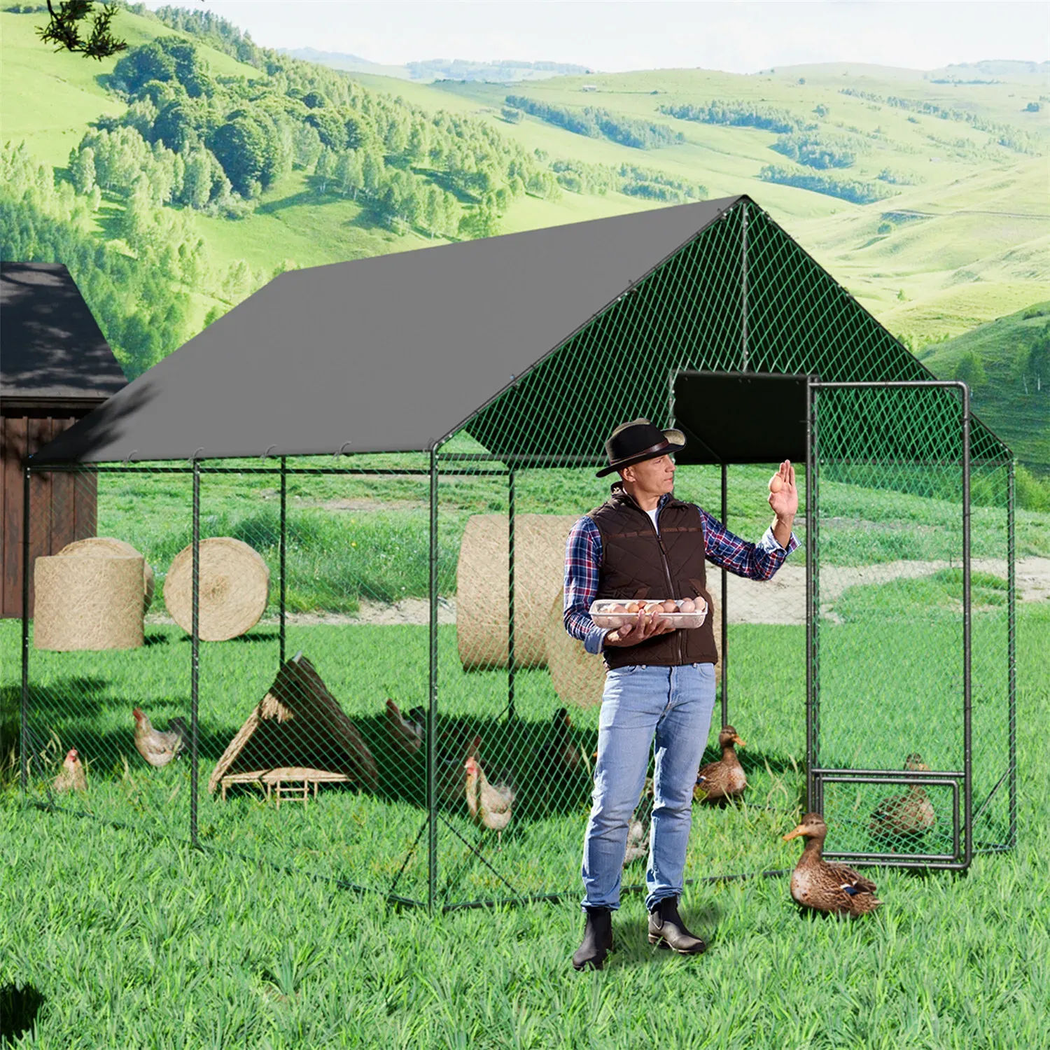 Heavy Duty Large Black Metal Walk-In Chicken Run Coop with Cover, 276x207x300cm view 8