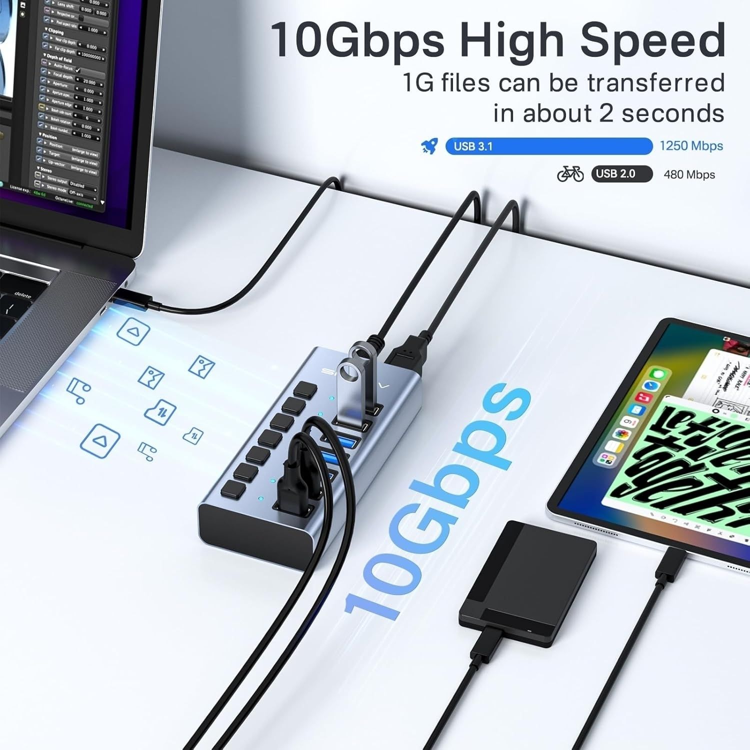 ACASIS HS-707MG-10G 7-in-1 USB 3.2 Gen2 10Gbps Docking Hub w AC for PC Laptop view 3