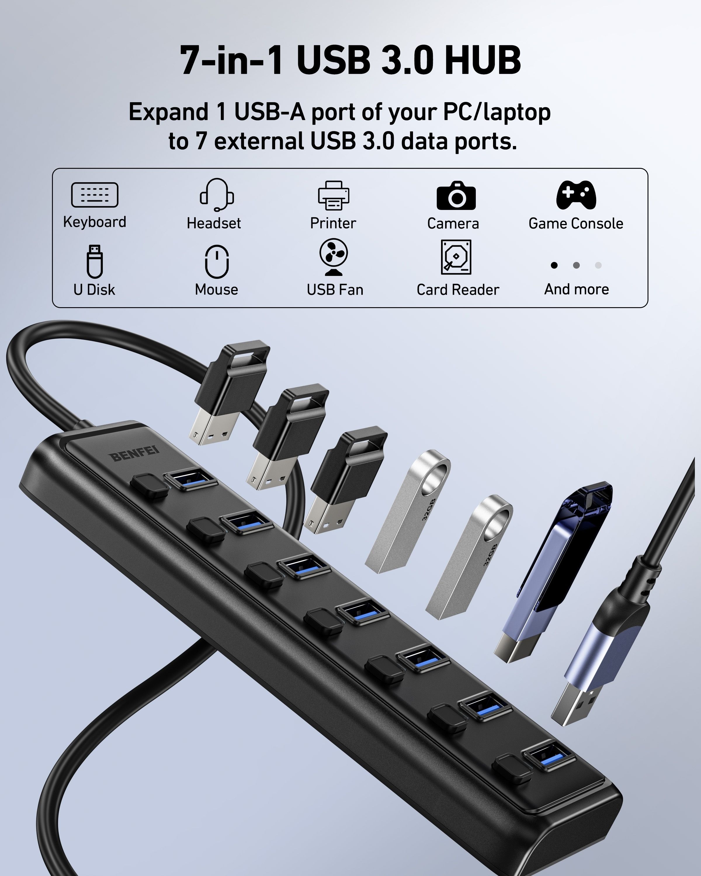 BENFEI 000425BK USB3.0 to 7 Port USB3.0 HUB (Black) view 3