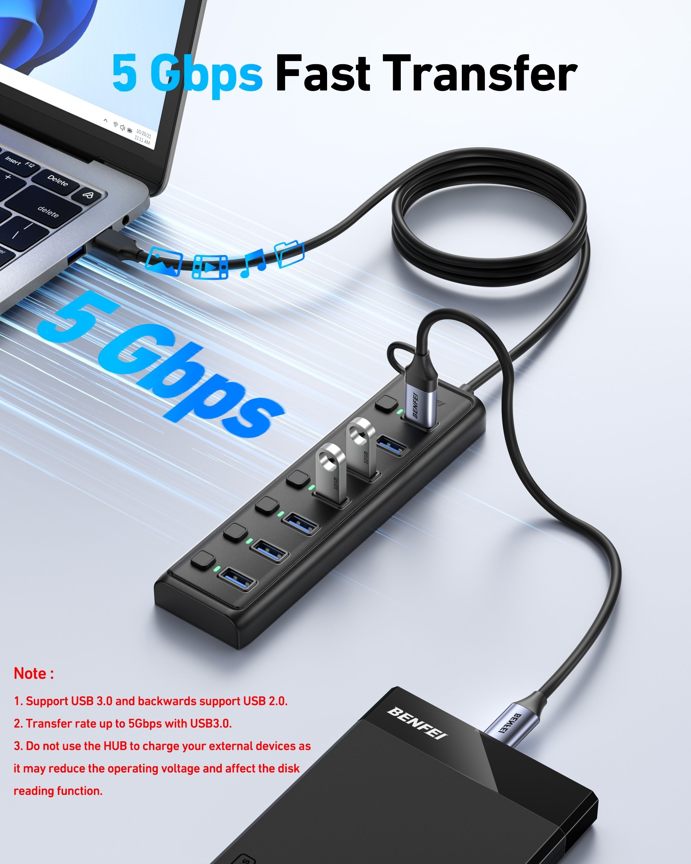 BENFEI 000425BK USB3.0 to 7 Port USB3.0 HUB (Black) view 5