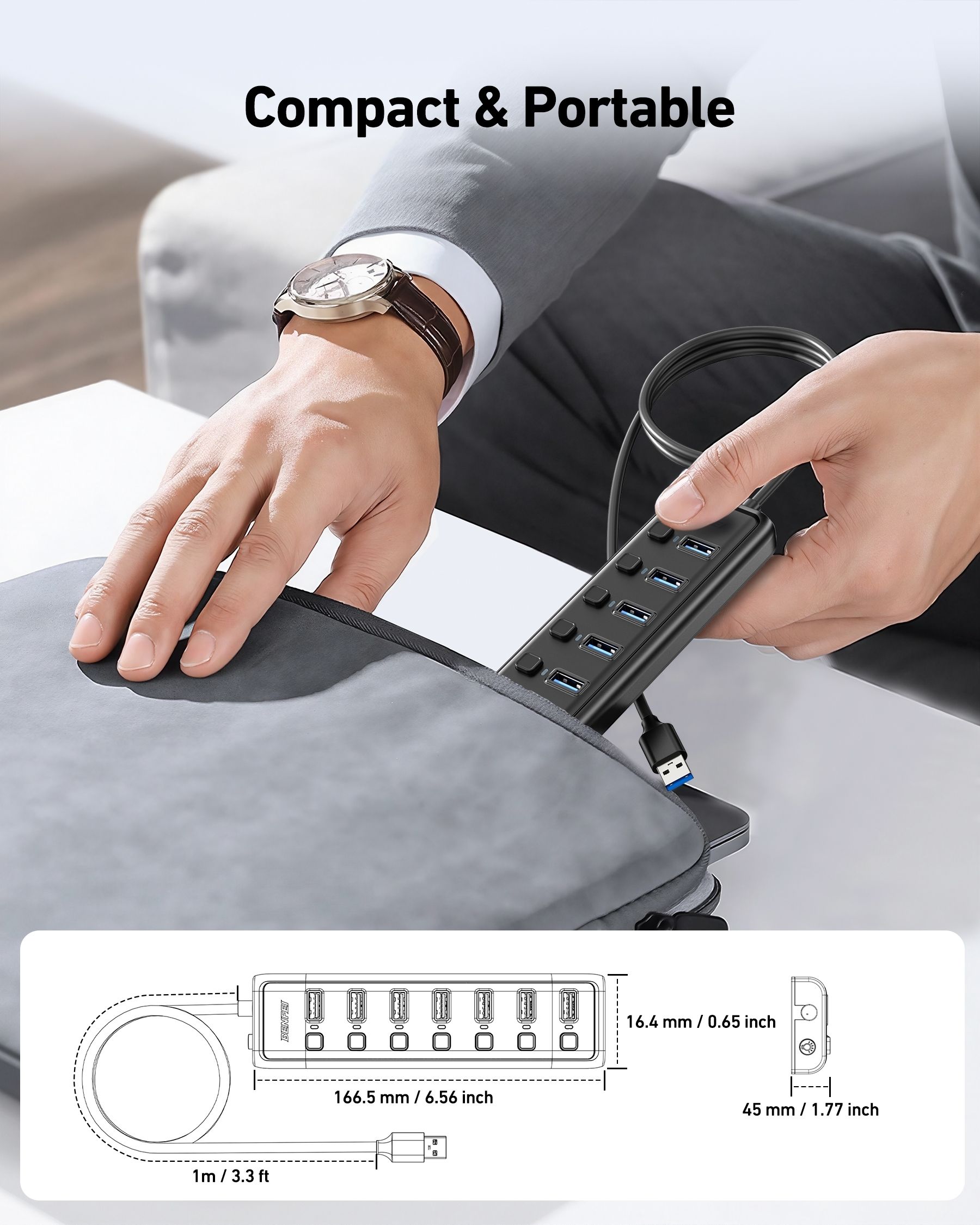 BENFEI 000425BK USB3.0 to 7 Port USB3.0 HUB (Black) view 7