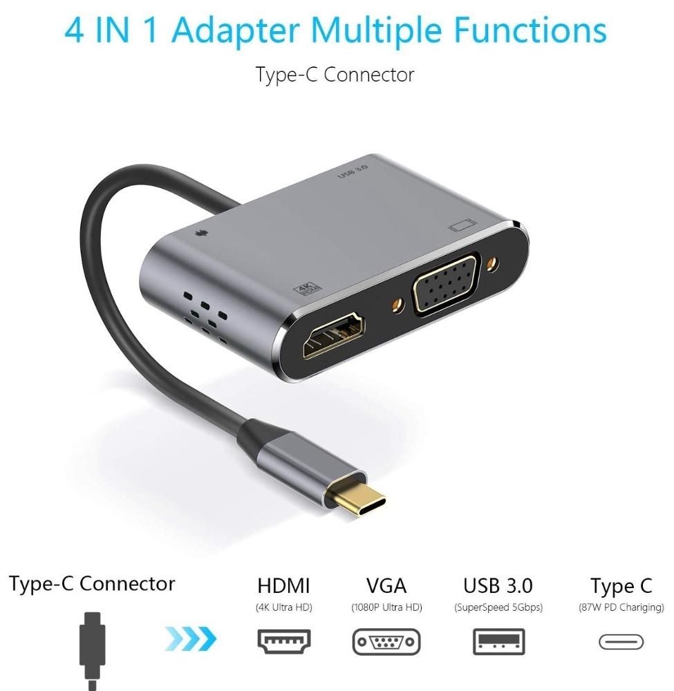 INTACT 9837T 4-in-1 USB-C Adapter HDMI +VGA + USB3.0 + USB-C (PD) view 2