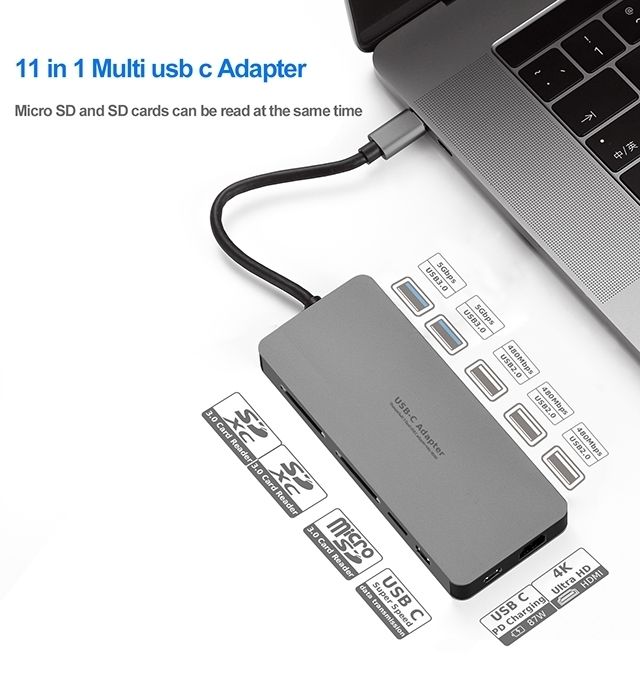 INTACT 9845T 11-in-1 USB-C Adapter HDMI/USB3.0*2/USB2.0*3/TypeC/SD*2/TF/ USB-C PD view 5