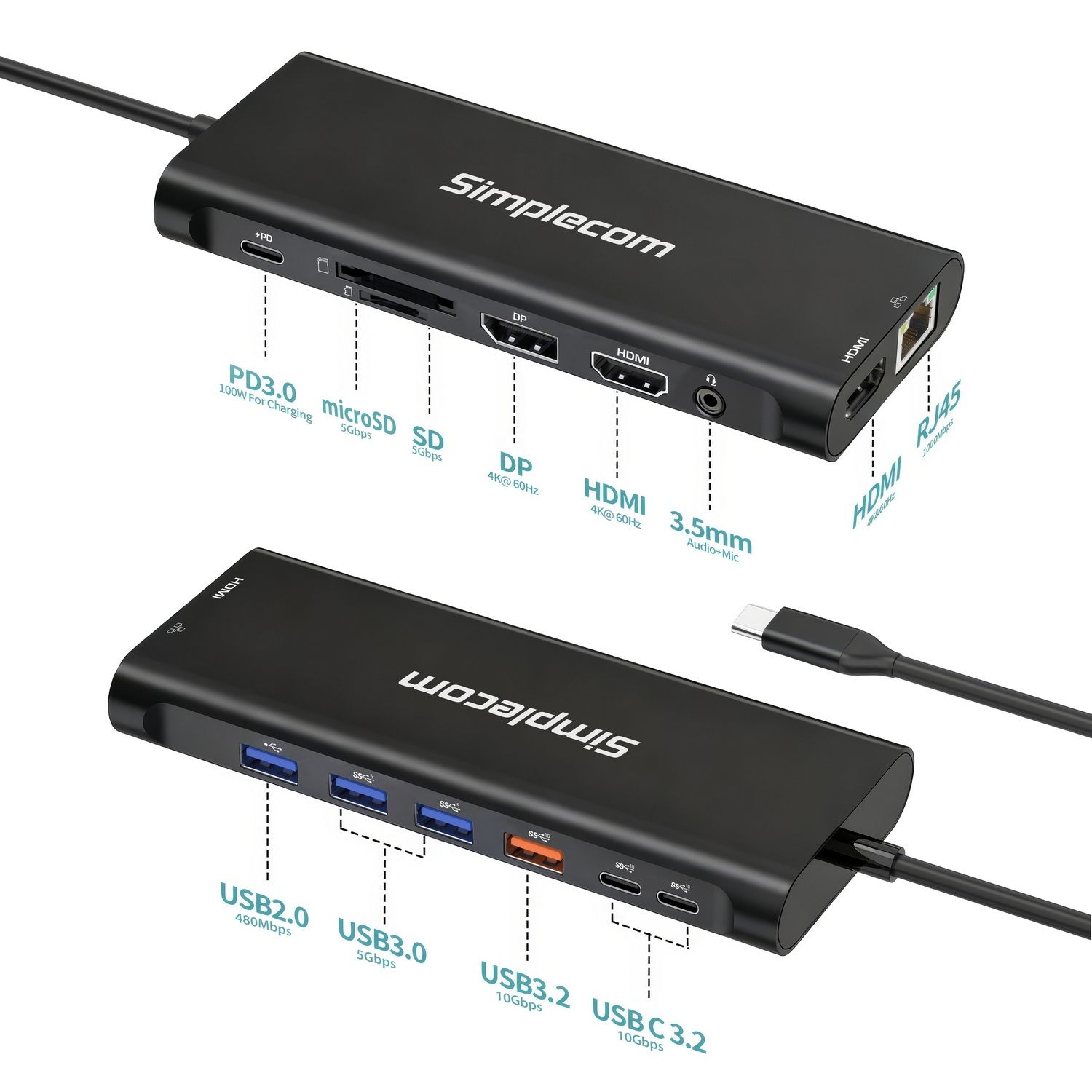 Simplecom CHT814 14-in-1 USB-C 4K Triple Display MST Docking Station with Dual view 4