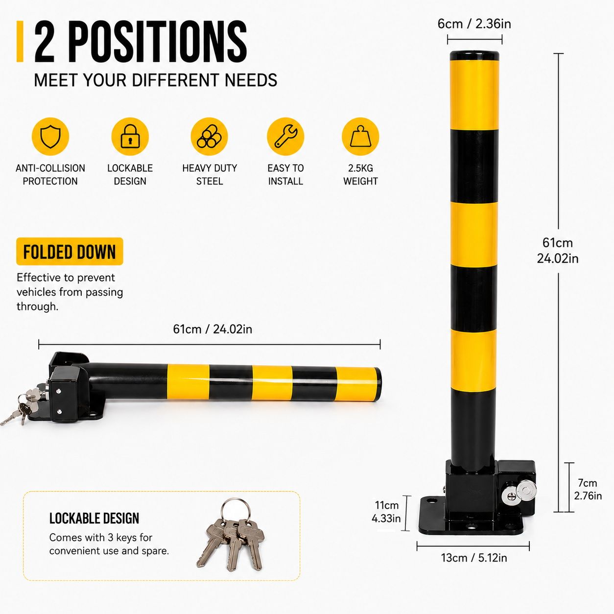 Heavy Duty Fold Down Parking Bollard Lockable Safety Post Yellow Black 61cm view 2