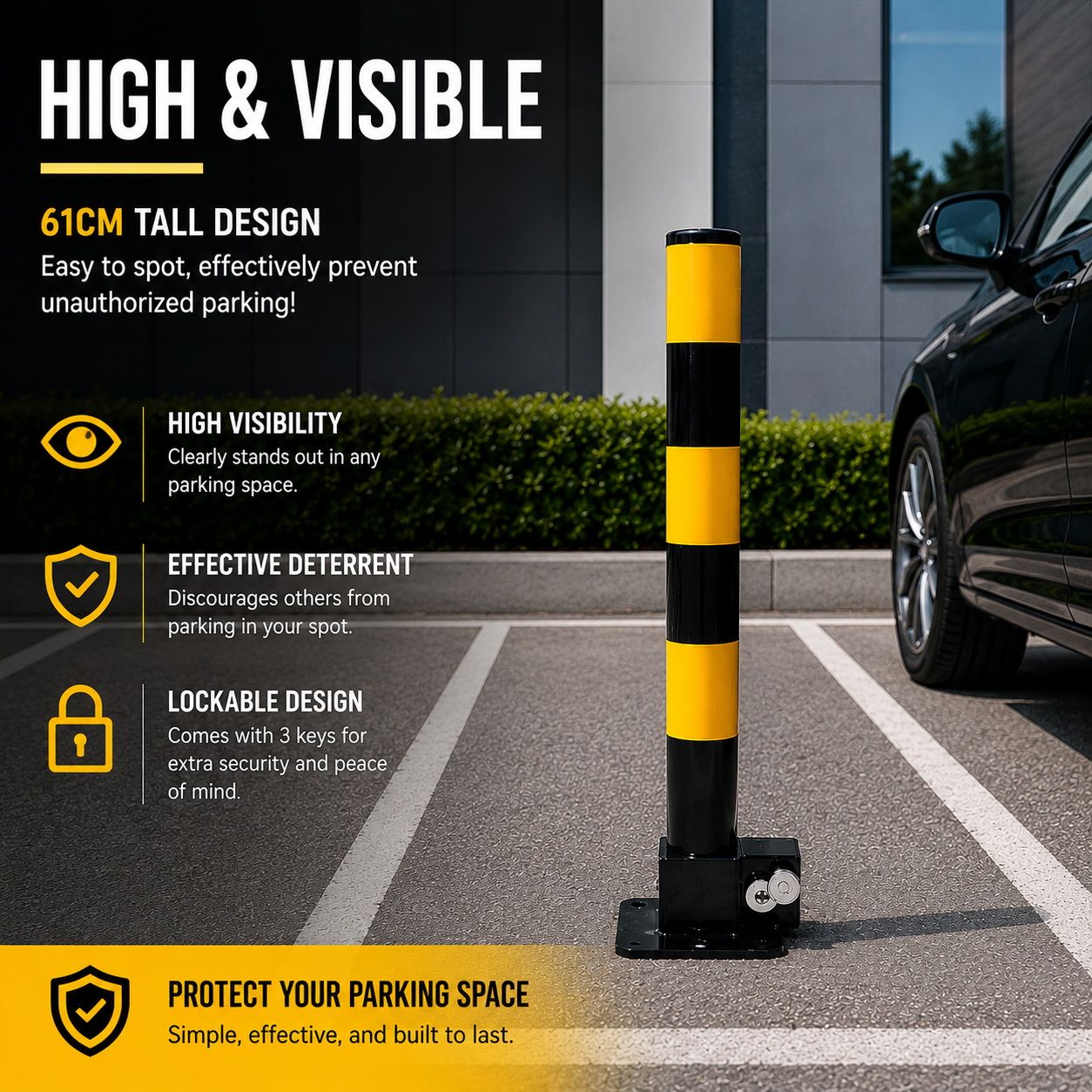 Heavy Duty Fold Down Parking Bollard Lockable Safety Post Yellow Black 61cm view 5