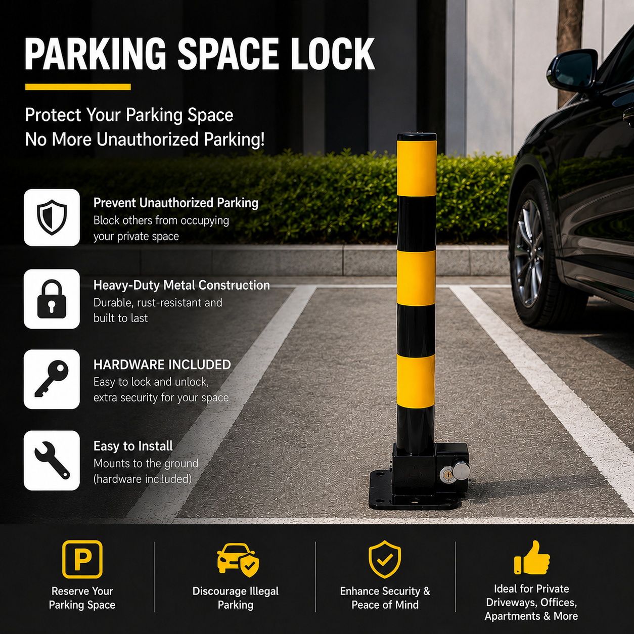 Heavy Duty Fold Down Parking Bollard Lockable Safety Post Yellow Black 61cm view 6