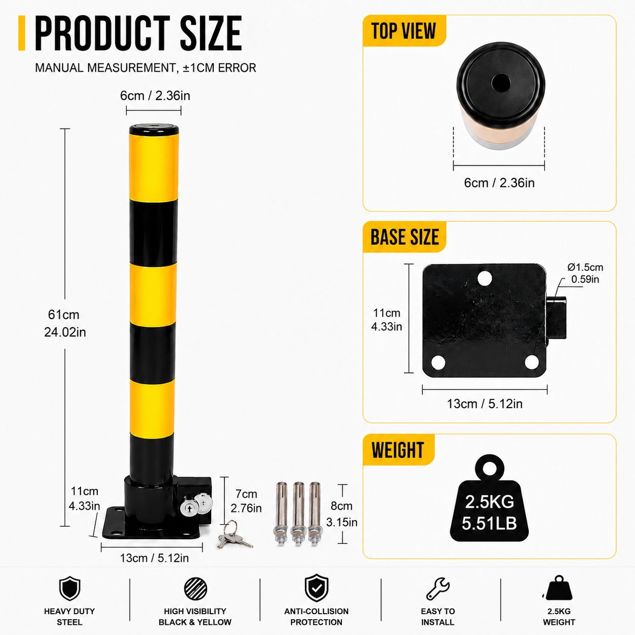 Heavy Duty Fold Down Parking Bollard Lockable Safety Post Yellow Black 61cm view 7