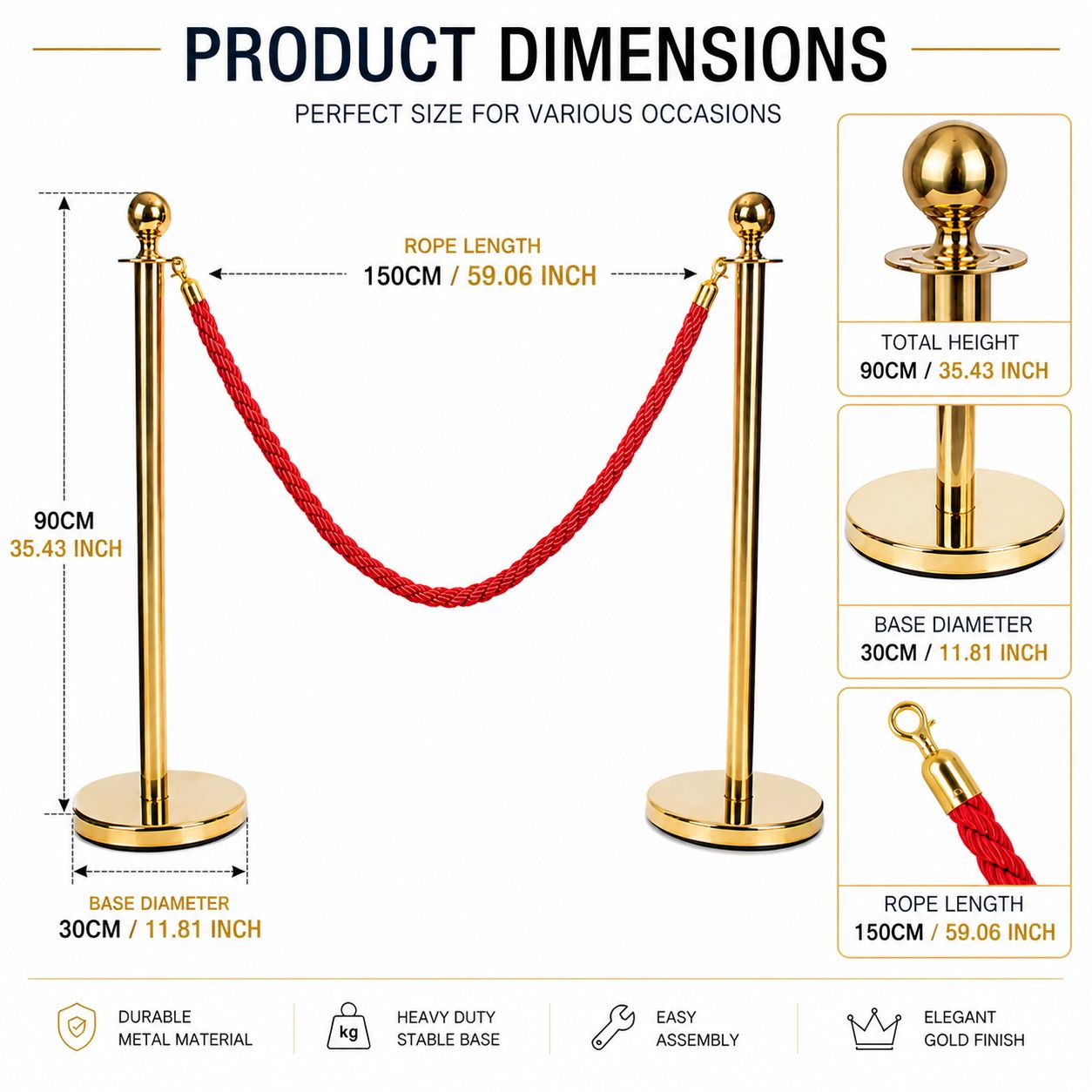 Gold Queue Barrier Stanchion Set of 2 with Red Velvet Rope Crowd Control Bollards view 2