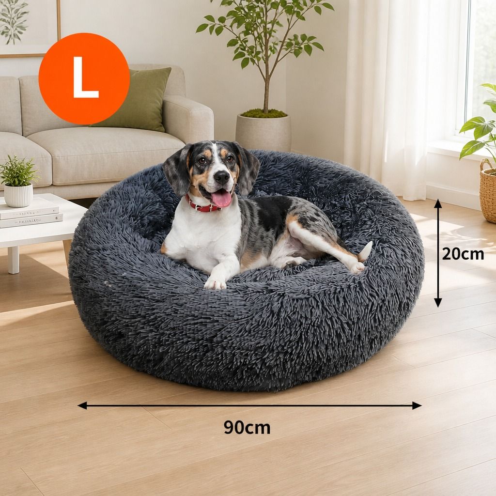 Dog Pet Cat Calming Bed Warm Plush Round Nest Comfy Sleeping Bed Dark Grey 90cm view 2