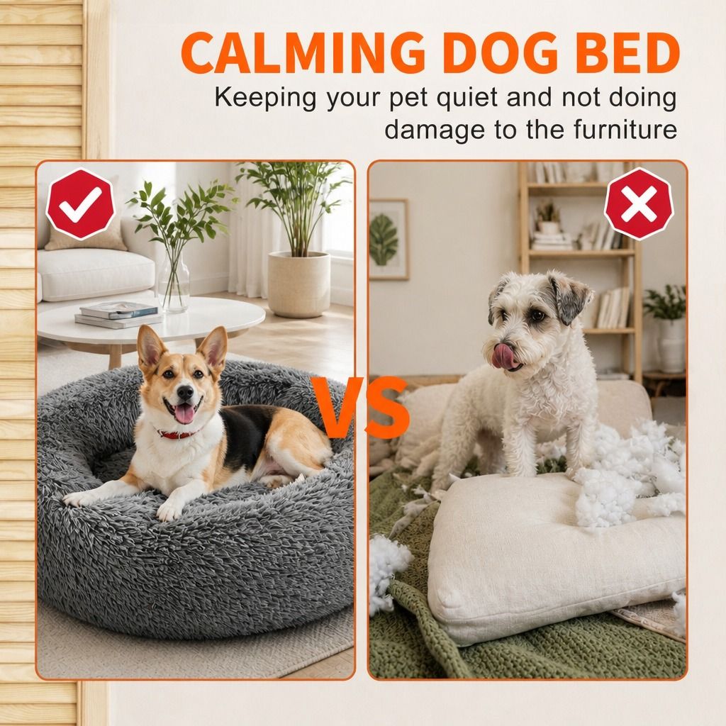 Dog Pet Cat Calming Bed Warm Plush Round Nest Comfy Sleeping Bed Dark Grey 90cm view 3