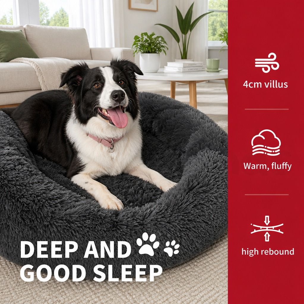 Dog Pet Cat Calming Bed Warm Plush Round Nest Comfy Sleeping Bed Dark Grey 90cm view 4