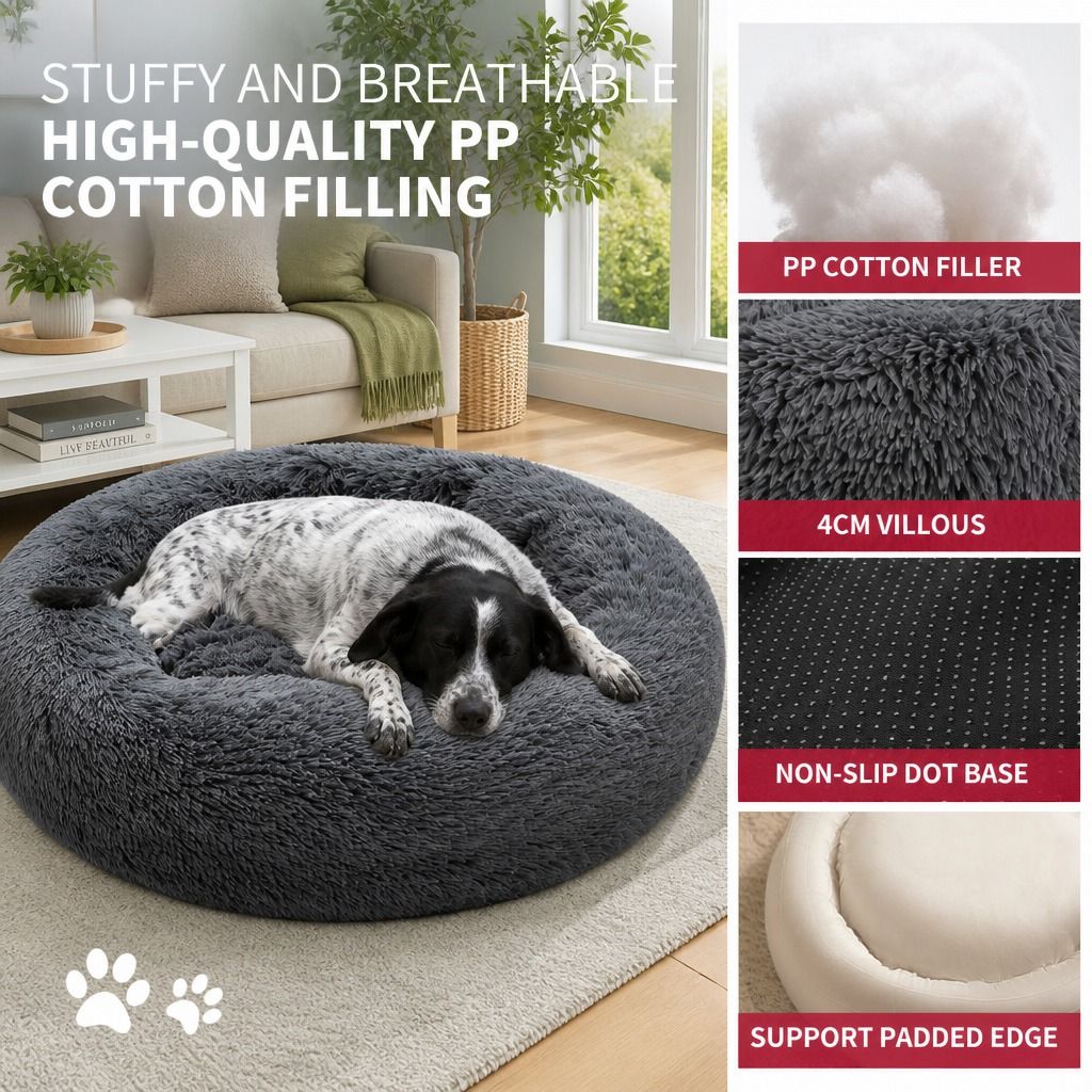 Dog Pet Cat Calming Bed Warm Plush Round Nest Comfy Sleeping Bed Dark Grey 90cm view 7
