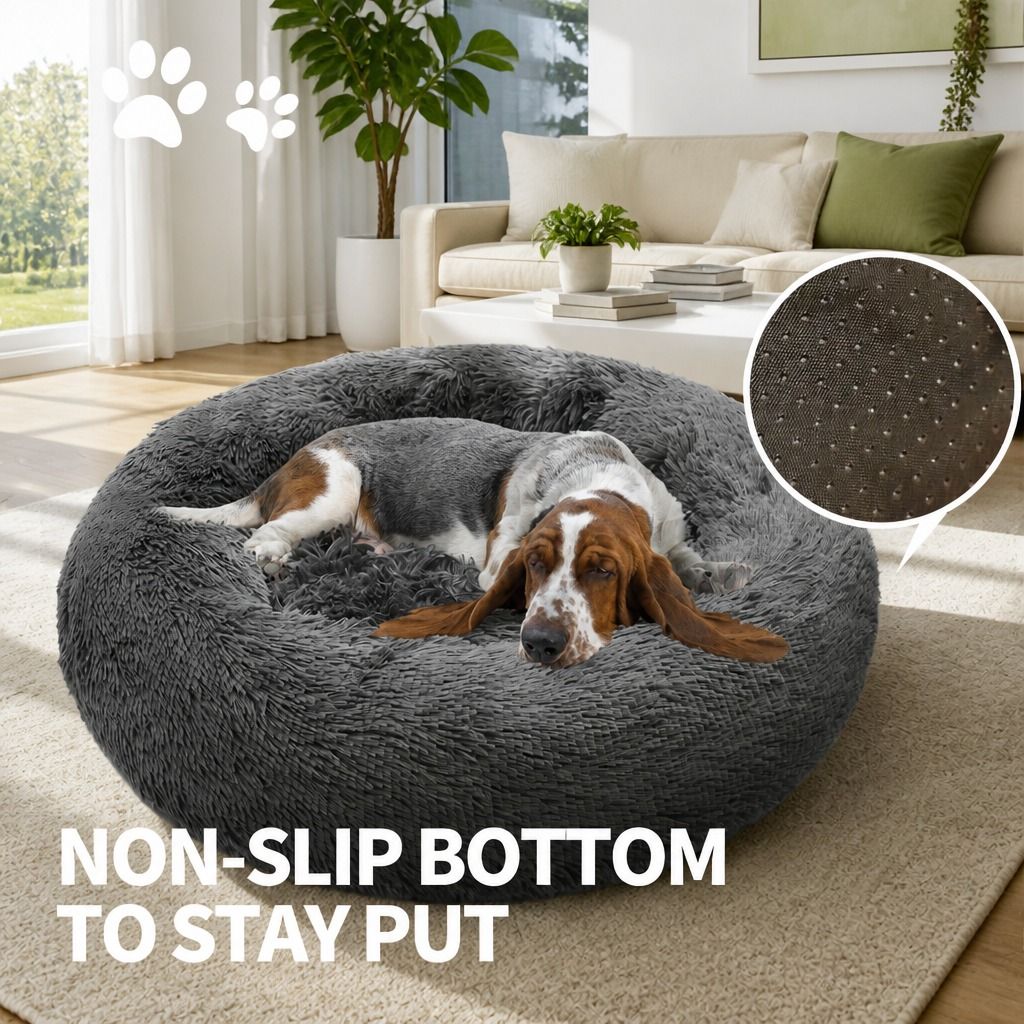 Dog Pet Cat Calming Bed Warm Plush Round Nest Comfy Sleeping Bed Dark Grey 90cm view 8