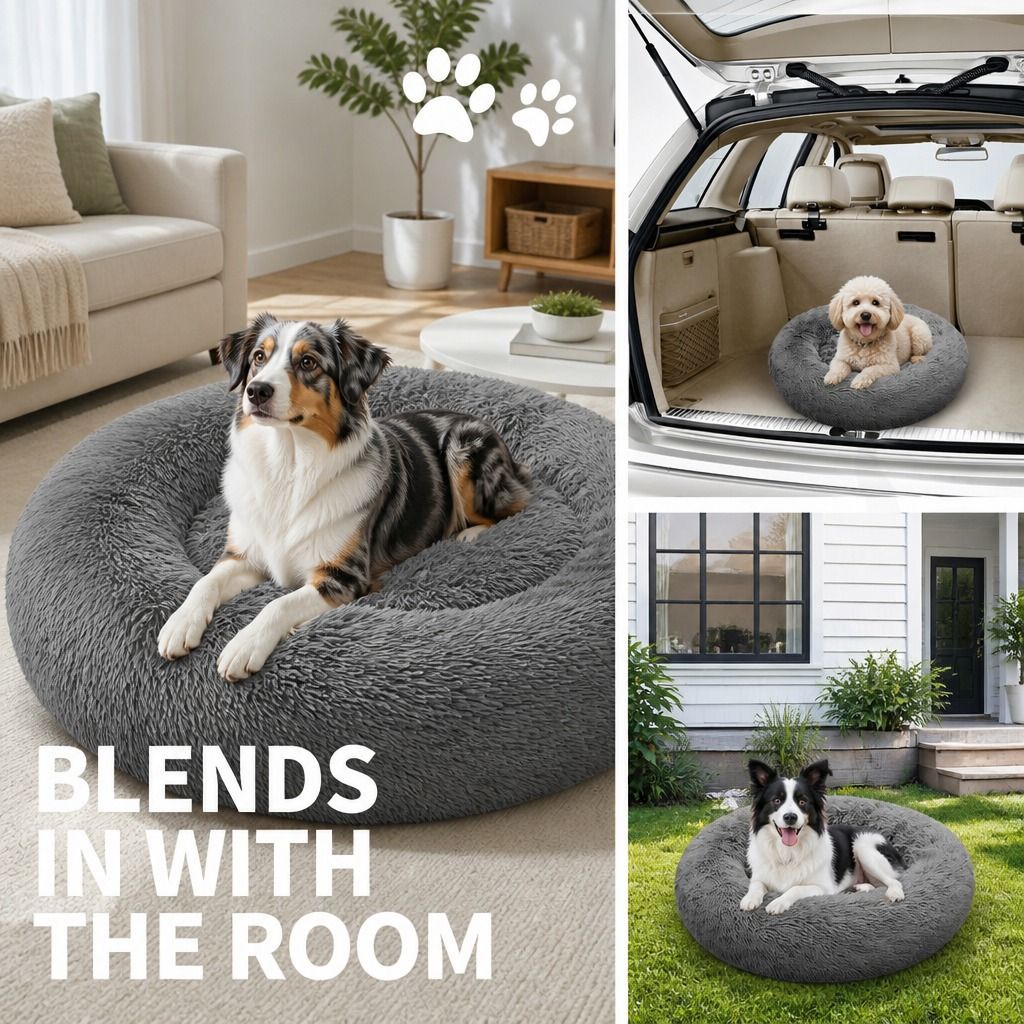 Dog Pet Cat Calming Bed Warm Plush Round Nest Comfy Sleeping Bed Dark Grey 90cm view 9