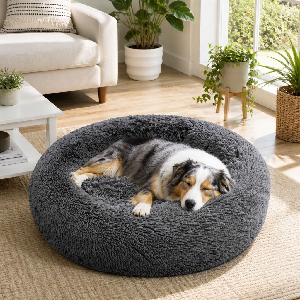 Dog Pet Cat Calming Bed Warm Plush Round Nest Comfy Sleeping Bed Dark Grey 90cm view 11