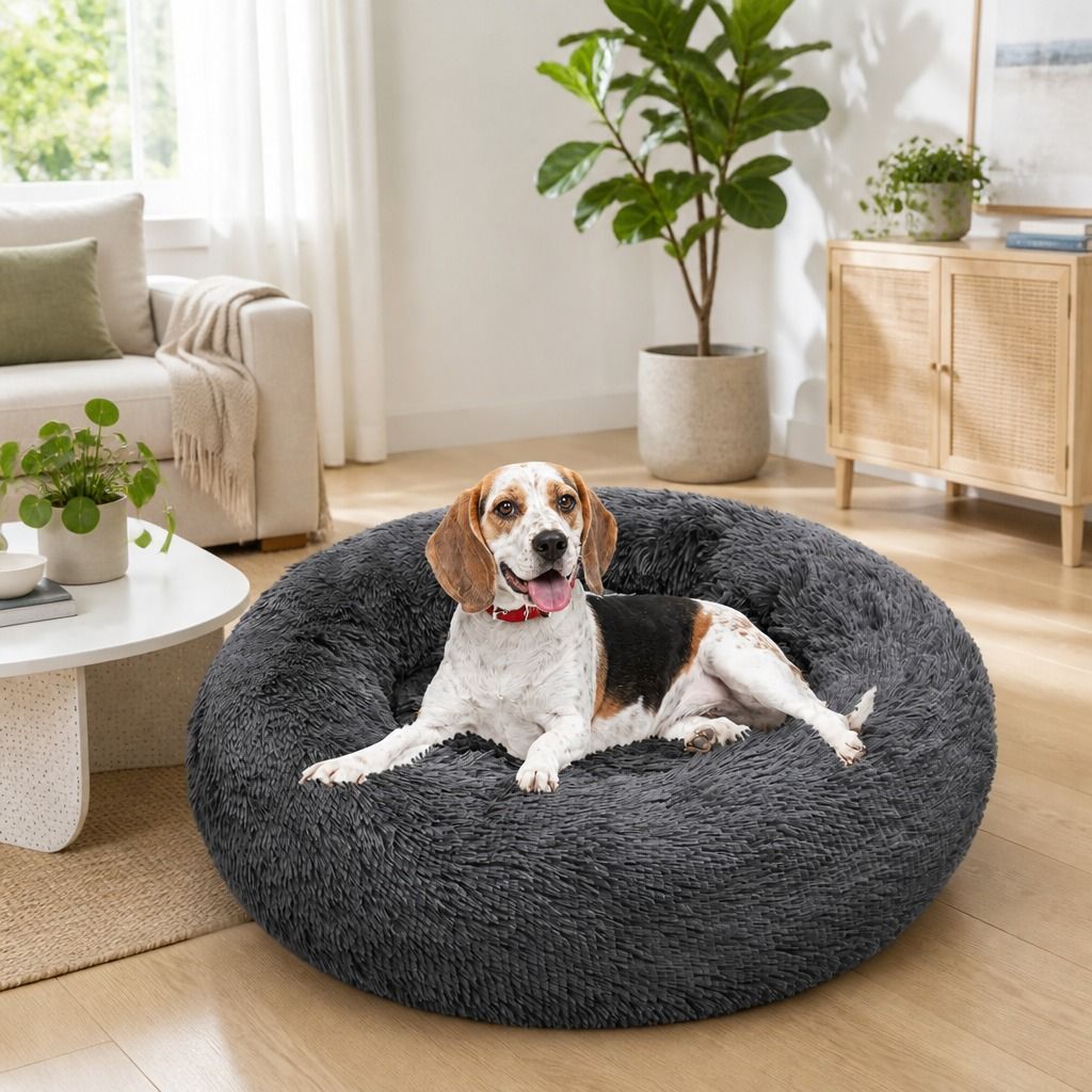 Dog Pet Cat Calming Bed Warm Plush Round Nest Comfy Sleeping Bed Dark Grey 90cm view 12