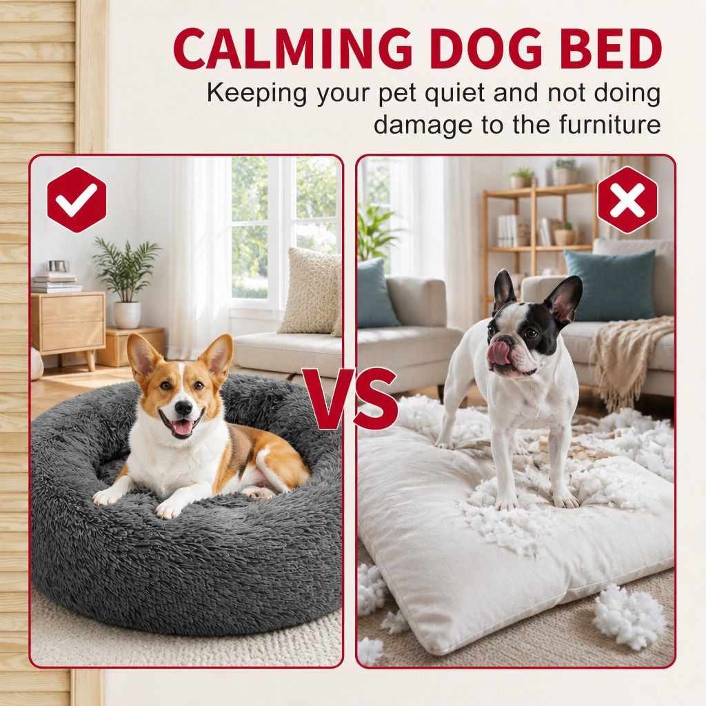 Dog Pet Cat Calming Bed Warm Plush Round Nest Comfy Sleeping Bed Dark Grey 70cm view 3