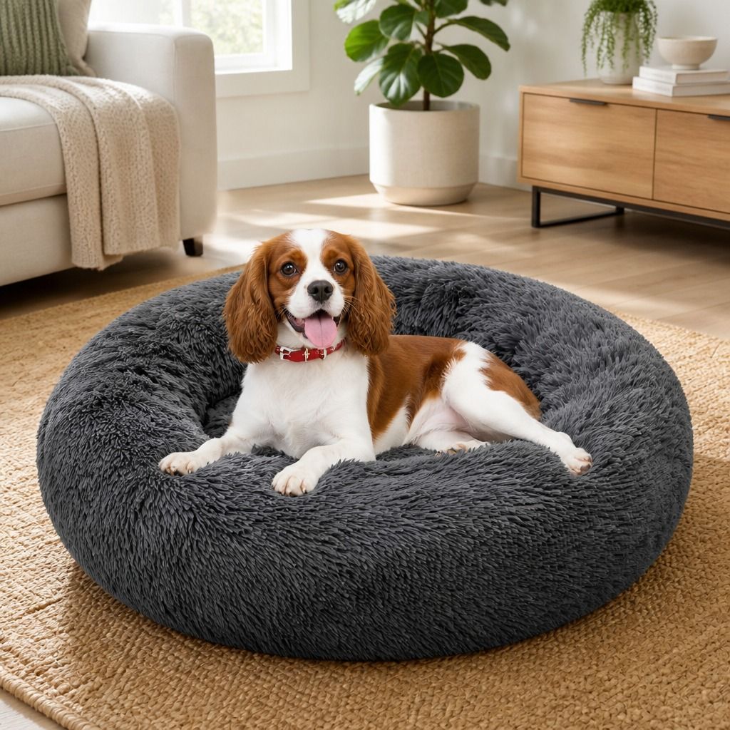 Dog Pet Cat Calming Bed Warm Plush Round Nest Comfy Sleeping Bed Dark Grey 70cm view 11