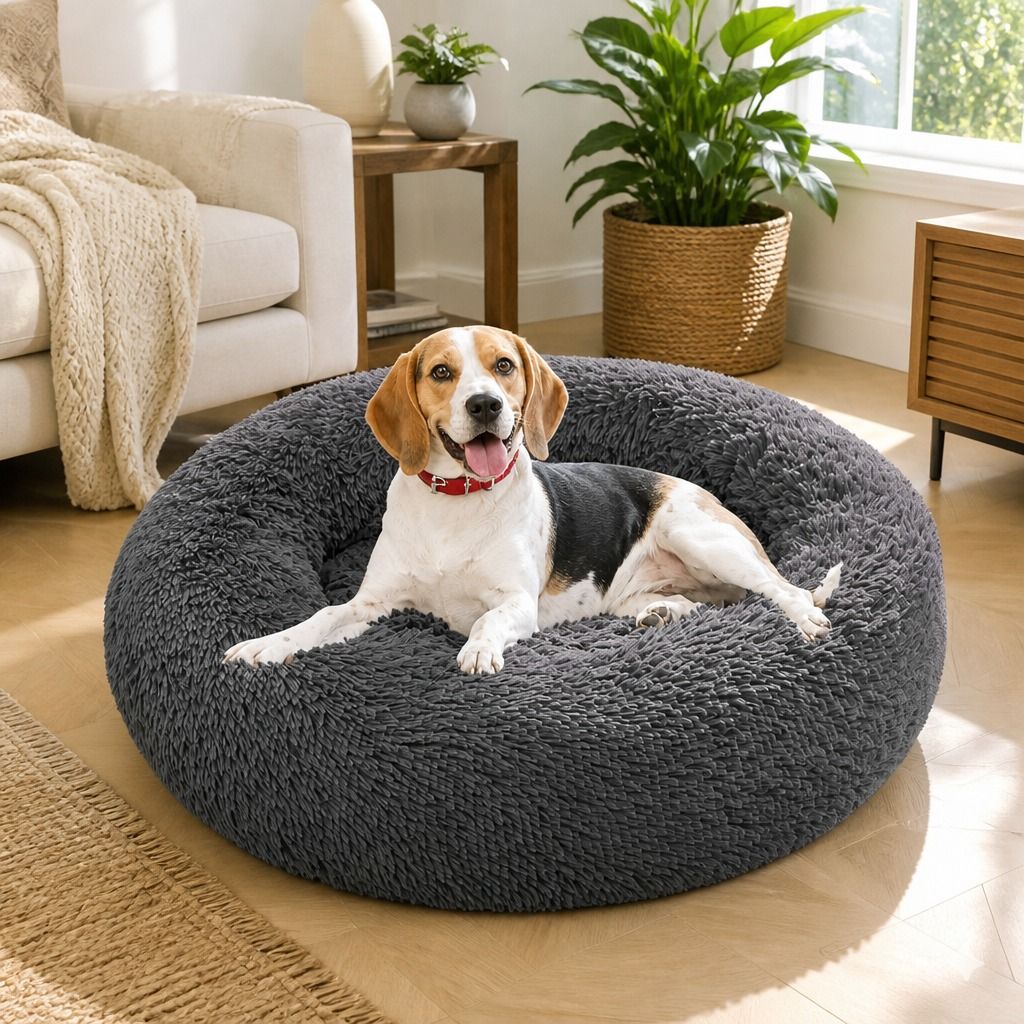 Dog Pet Cat Calming Bed Warm Plush Round Nest Comfy Sleeping Bed Dark Grey 70cm view 12