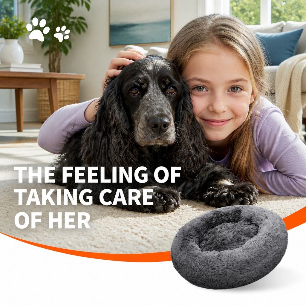 Dog Pet Cat Calming Bed Warm Plush Round Nest Comfy Sleeping Bed Dark Grey 100cm view 10