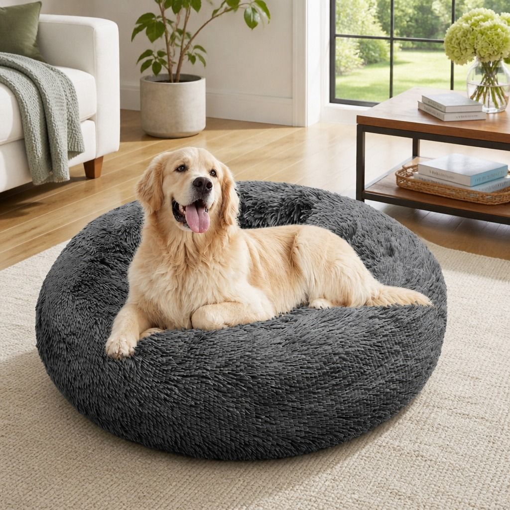 Dog Pet Cat Calming Bed Warm Plush Round Nest Comfy Sleeping Bed Dark Grey 100cm view 11