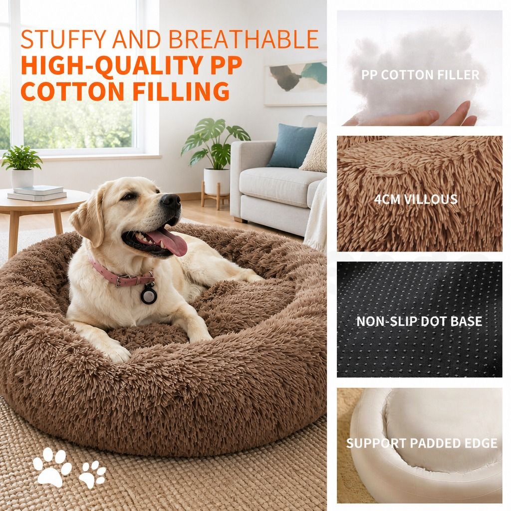 Pet Dog Bedding Warm Plush Round Comfortable Dog Nest Light Coffee Large 90cm view 8