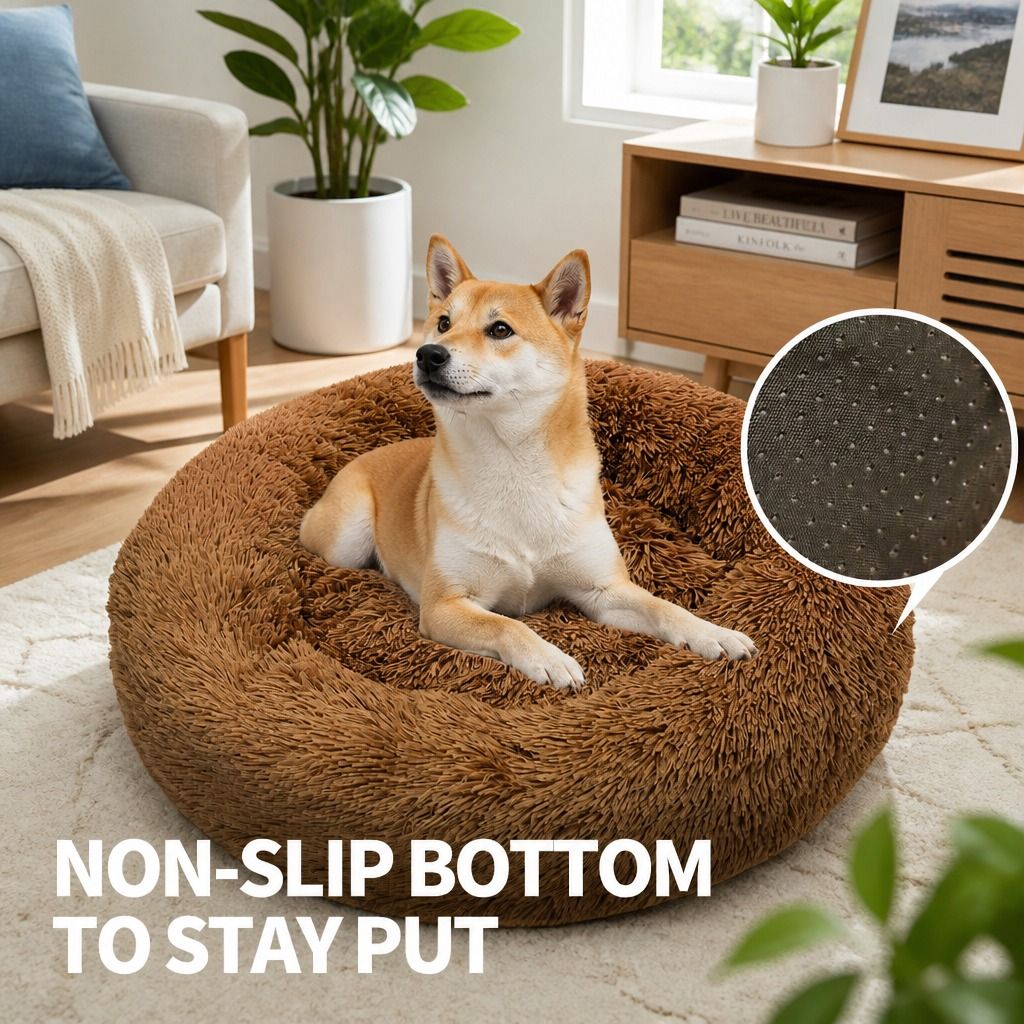 Pet Dog Bedding Warm Plush Round Comfortable Dog Nest Light Coffee Large 90cm view 9