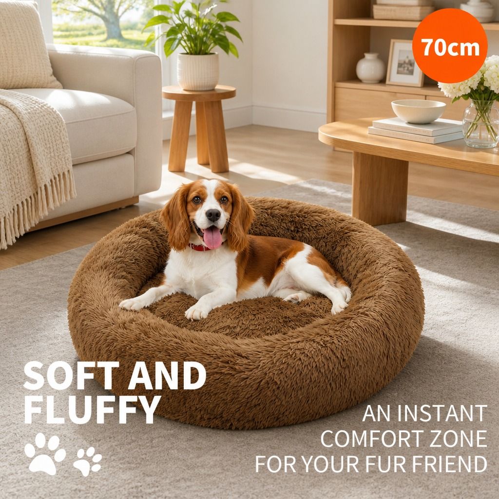 Pet Dog Bedding Warm Plush Round Comfortable Nest Sleeping kennel Coffee M 70cm view 2